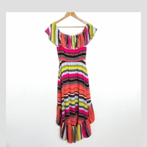 Charles Henry Dress High Low Ruffle Top On/ Off Shoulder Stripe Flounce Bottom - Picture 3 of 14